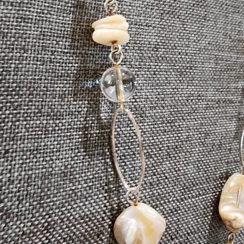 Abalone Shell Clear Glass Bead and White Bead Y Lariat Style Gold Necklace